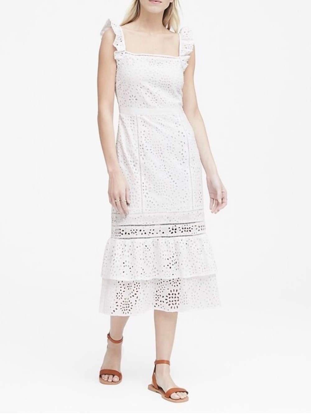 Banana Republic White Eyelet Midi Dress Tall 6 Cotton Lined Ruffle Hem